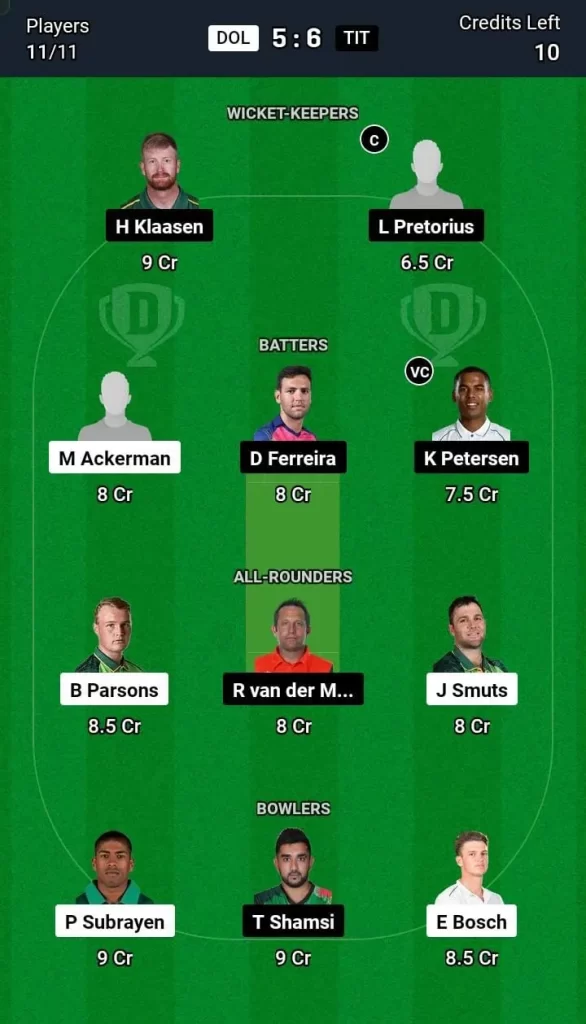 DOL vs TIT Dream11 Team Prediction Today Match