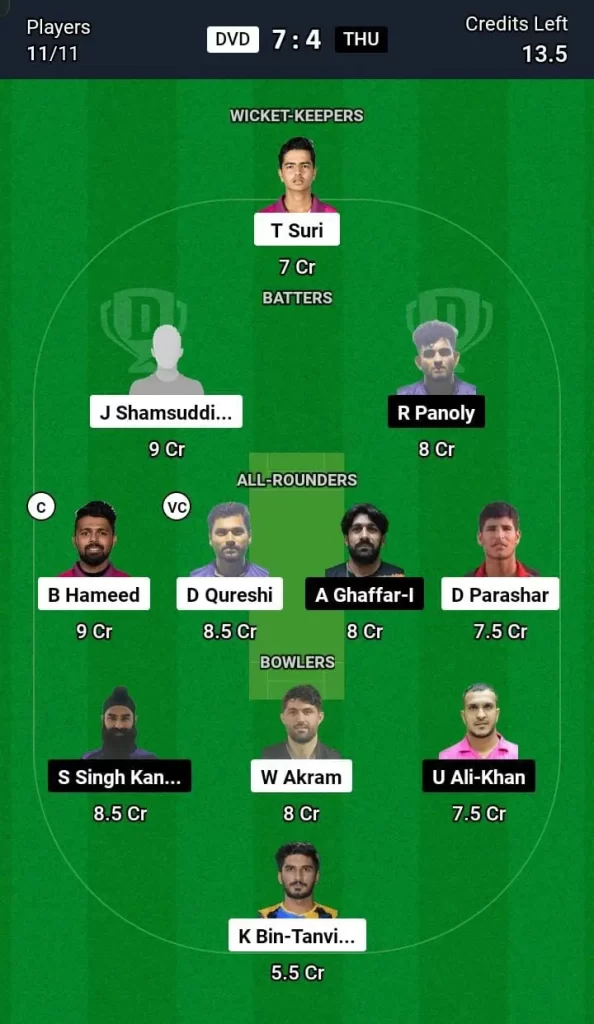 DVD vs THU Dream11 Team Prediction Today Match