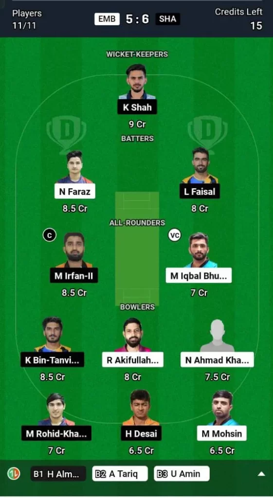 EMB vs SHA Dream11 Team Prediction Today Match