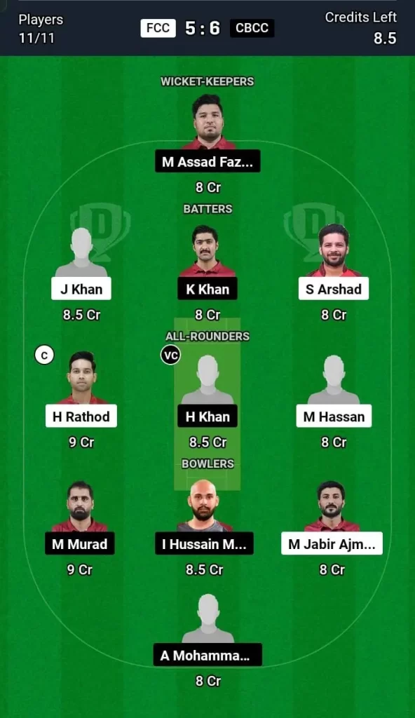 FCC vs CBC Dream11 Team Prediction Today Match