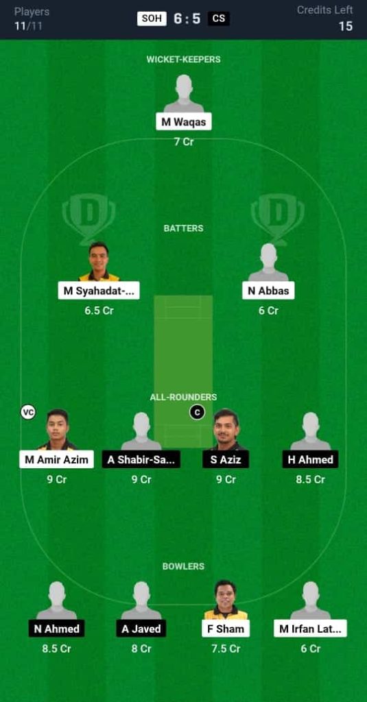 SOH vs CS Dream11 Prediction Today Match 9 | Malaysia T20 Super Series 2024