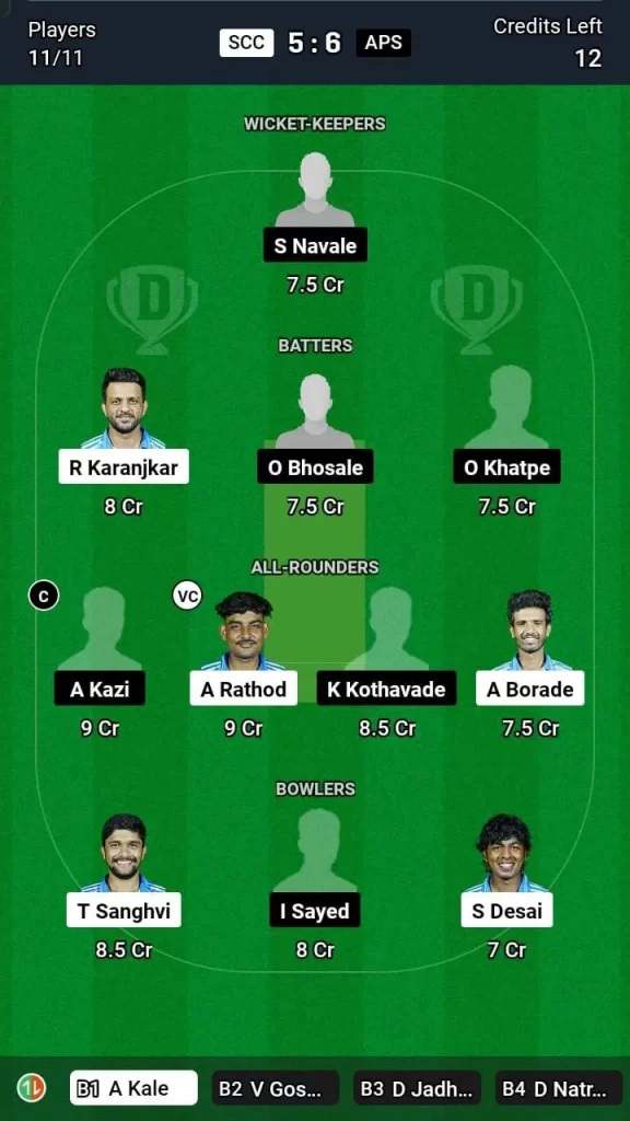 SCC vs APS Dream11 Team Prediction Today Match