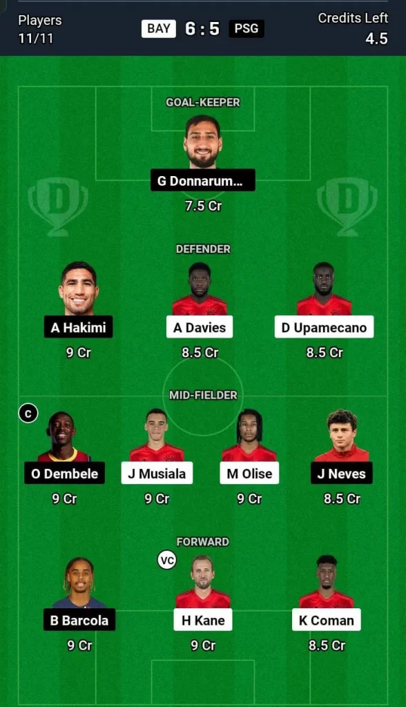 BAY vs PSG Dream11 Prediction Today Football Match -