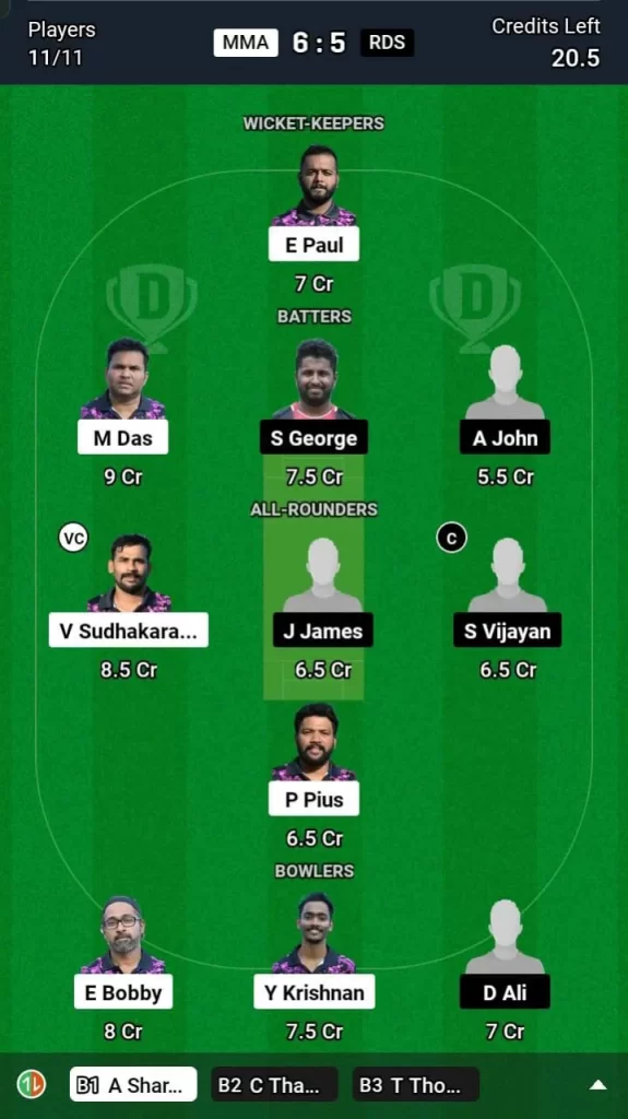 MMA vs RDS Dream11 Team Prediction Today Match