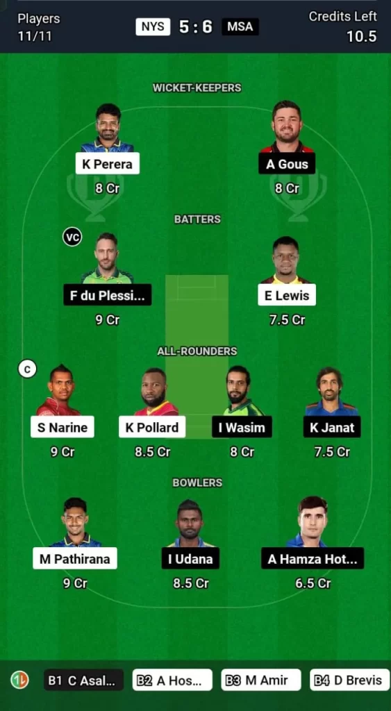 NYS vs MSA Dream11 Team Prediction Today Match