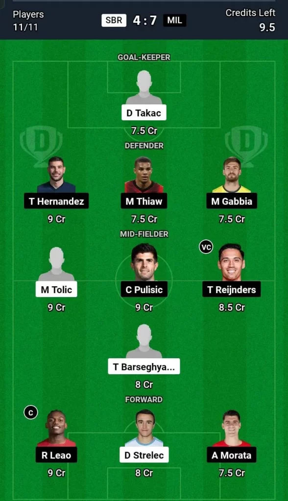 SBR vs MIL Dream11 Prediction Today Football Match -