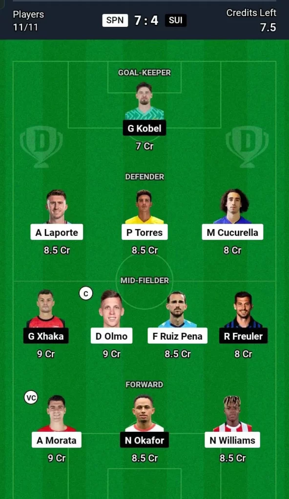 SPN vs SUI Dream11 Prediction Today Football Match -